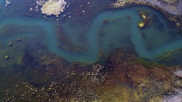 Panning aerial view looking down and winding river