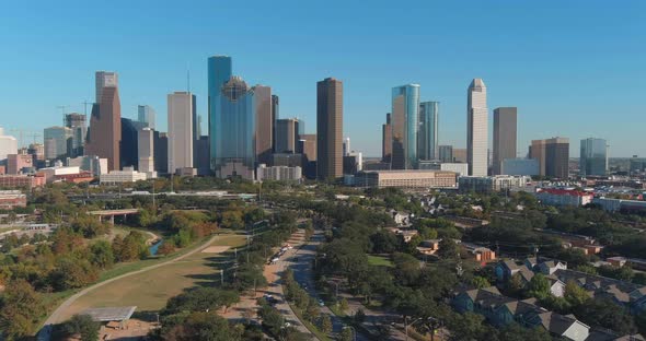 Drone view of skyscrapers in the Downtown Houston area. This video was filmed in 4k for best image q