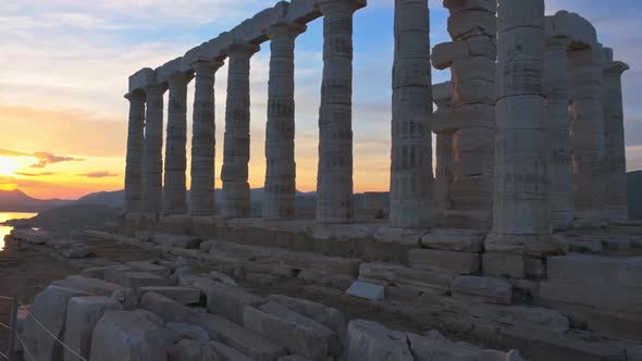 Poseidon Temple Ruins on Cape Sounio on Sunset, Greece