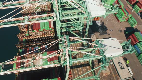  Aerial of Industrial Port, Los Angeles, USA. Loading Container Ship, Cargo