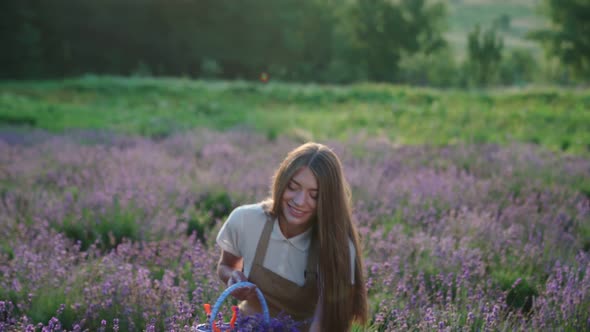 Smiling Girl Walking with Basket Lavender Patches