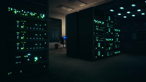 Clean Industrial Interior of a Data Server Room with Servers