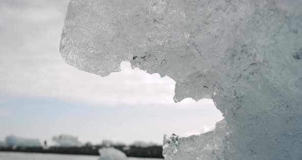 Crystal Ice Melting on Volcanic Beach in Diamond Beach on Iceland or Jokulsarlon. Drop Water. Close