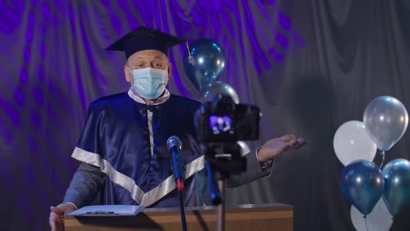 Distance Education Male Lecturer Wearing Medical Mask Conducts Graduation Ceremony Online Via Video