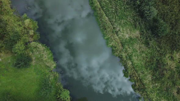 Park area. A winding river with water lilies. Swampy area. Aerial photography.