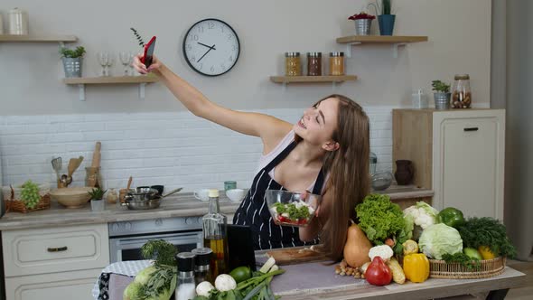 Blogger Girl Preparing Food, Taking Photos on Phone, Making Selfie To Social Media or Video Stories