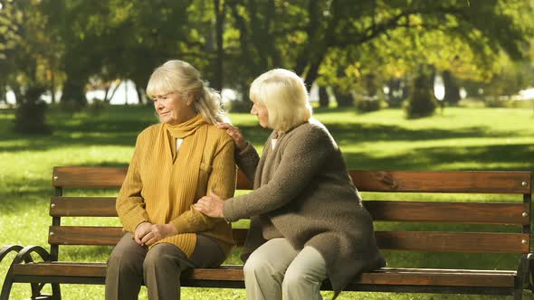 Senior Lady Comforting Old Friend About Her Loss, Sitting on Bench in Park