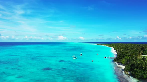 Daytime flying abstract view of a summer white paradise sand beach and blue sea background in best q