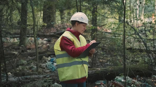 Ecologist Woman in Workwear Issues Fine for Dumping Plastic Waste in Park