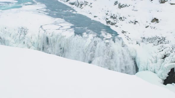 View of Frozen Iconic Gullfoss Waterfall in Iceland