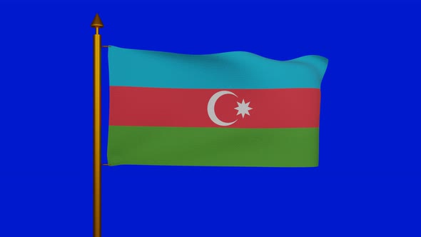 National flag of Republic of Azerbaijan waving with flagpole on chroma key, Azerbaycan bayragi