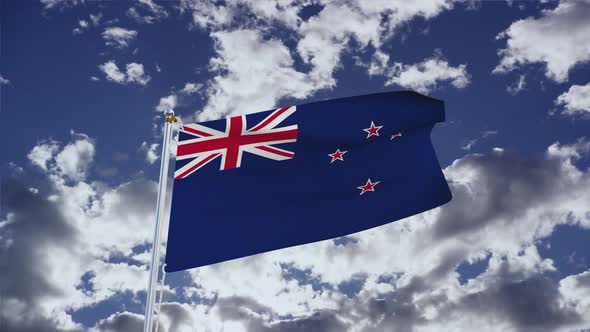 New Zealand Flag With Sky 4k