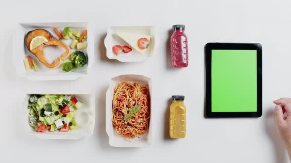 Food Delivery App Top View Take Away Meals in Disposable Containers on White Background