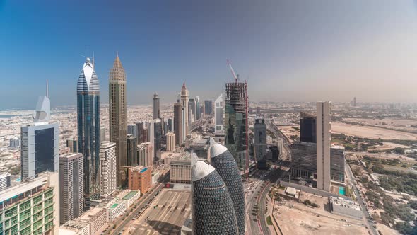 Skyline View of the Buildings of Sheikh Zayed Road and DIFC Aerial Timelapse in Dubai UAE