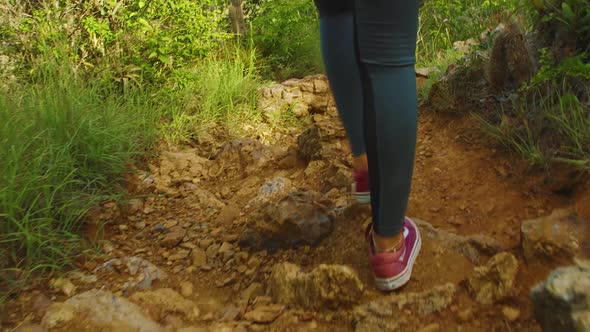 A woman with pink, violet shoes walking on a rocky dirt path in the forest - Slow motion