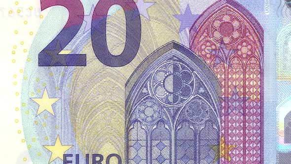 20 euro close-up motion background. Twenty euro cash money macro view