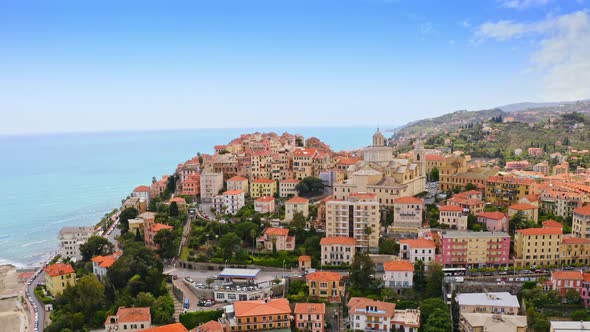 Aerial View Shot From Flying Drone of Porto Maurizio Village Located in West Part of Liguria Region