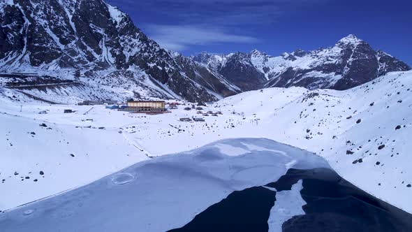 Panoramic view of Ski station centre resort at snowy Andes Mountains.