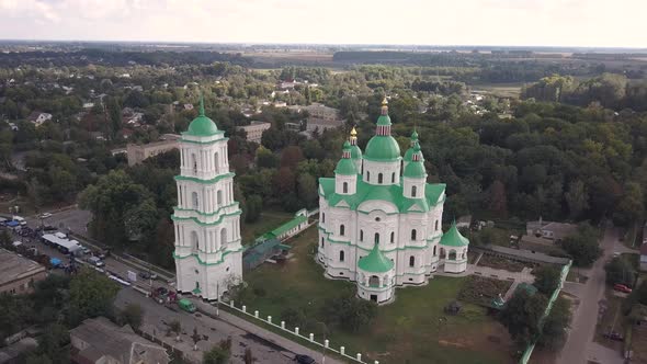 Aerail view to Cathedral Nativity Blessed Virgin in Kozelets, Chernihiv region, Ukraine