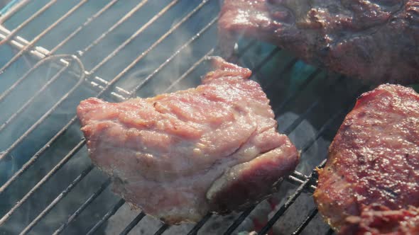 Delicious grilled pork on charcoal grill with smoke and flames, Close-up.