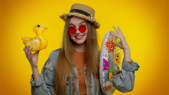 Traveler Tourist Student Girl Dancing Fooling with Swimming Ring and Duck Toy Travel on Weekends