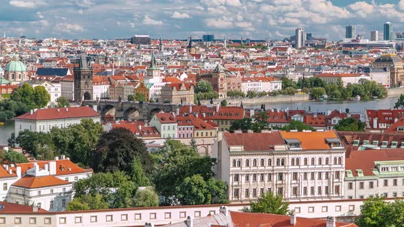 Panorama of Prague Old Town with Red Roofs Timelapse Famous Charles Bridge and Vltava River Czech