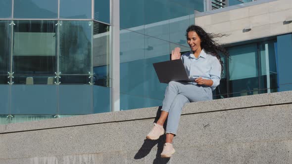 Young Business Woman Girl Student Sitting on Street City Building Company Background with Laptop