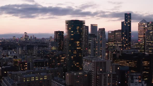 Panorama Curve Shot of Modern Business Urban District with Tall Skyscrapers in Blue Hour