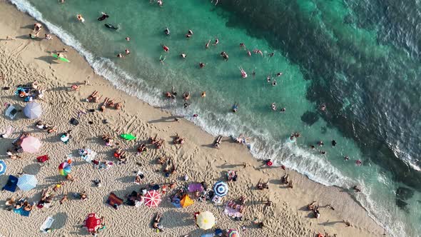 People swim in the azure sea aerial view 4 K Turkey Alanya