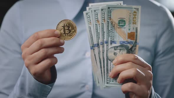 Man Choosing Bitcoin Instead of Paper Money