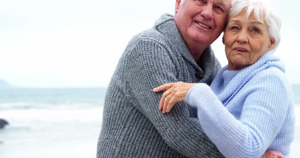 Happy senior couple pointing at view