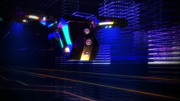 Digital city. Neon Lights. Futuristic Drone Traveling in a Virtual Reality.