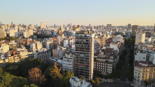 Aerial shot of Recoleta neighborhood, one of the priciests in Buenos Aires at golden hour