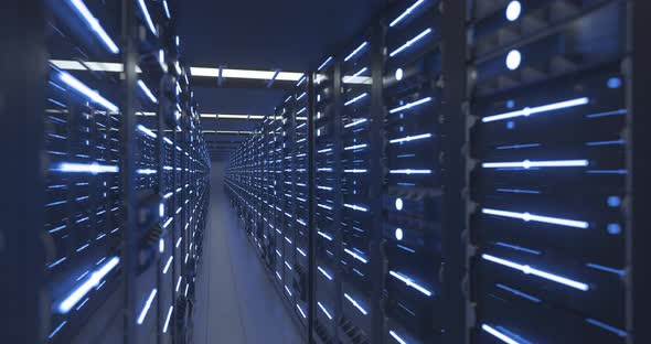 Data Center Computer Racks In Network Security Server Room or Cryptocurrency Mining Farm