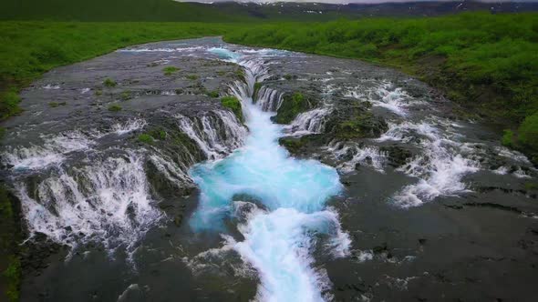 Drone Aerial View of Bruarfoss Waterfall in Brekkuskogur Iceland