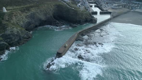 Wide aerial view of the village of Portreath, cornwall, uk