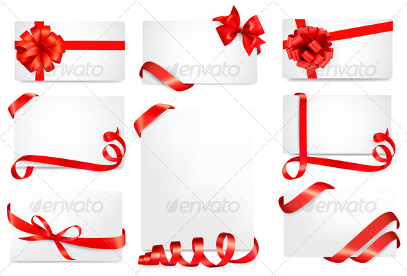 Set of Gift Cards with Red Gift Bows with Ribbons