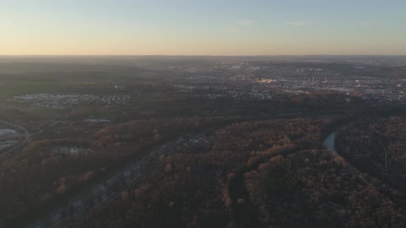 Danube River in Ulm with Drone at Sunset