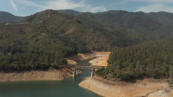 Aerial view of Shasta Lake in Northern California low water levels during drought