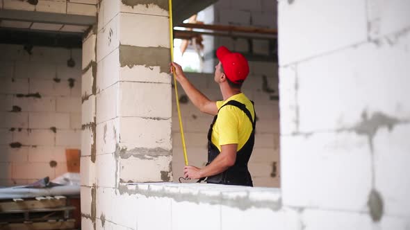 Construction worker at construction site playing with a measuring tape measure.