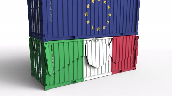 Container with Flag of the EU Breaks Container with Flag of Italy