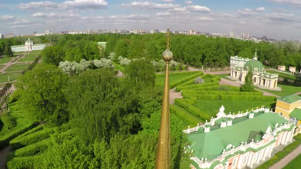 Architecture ensemble and landscapes in Tsaritsyno Park, aerial view