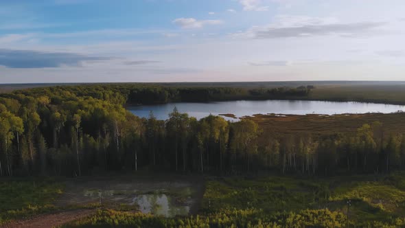 Takeoff of the Drone Over the Lake of Taiga Siberian Swamps From a Bird's Eye View