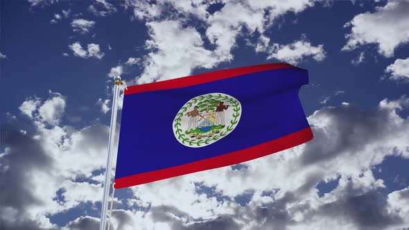 Belize Flag With Sky 4k