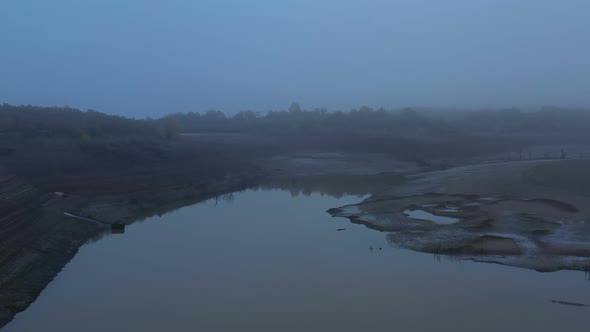 Flight Over A Dry Dam In The Autumn Foggy Day In The Late Afternoon 2