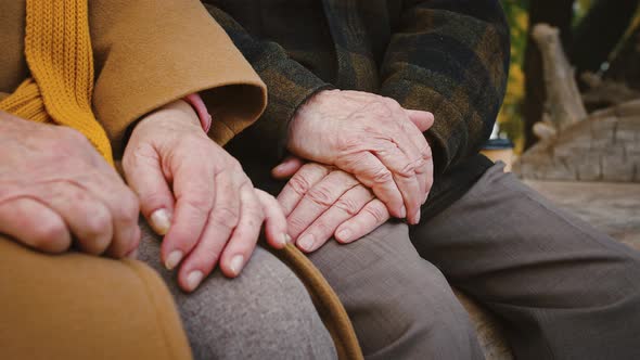 Unknown Elderly Lady is Putting Her Palm on Wrinkled Hand of Her Husband While Sitting on Bench at