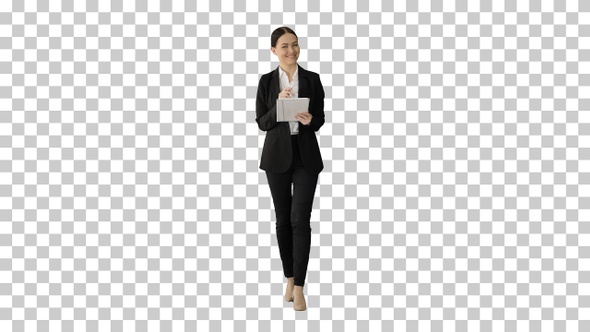 Smiling Businesswoman using computer pad, Alpha Channel