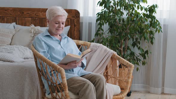 Serious Happy Middleaged Old Woman Relaxing Holding Reading Book Sit on Armchair in Bedroom
