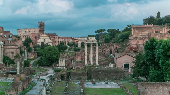 Ruins of Forum Romanum on Capitolium Hill Day to Night Timelapse in Rome Italy