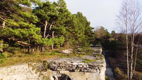 Aerial view of concrete Northern fortification ruins covered by green vegetation and trees located i